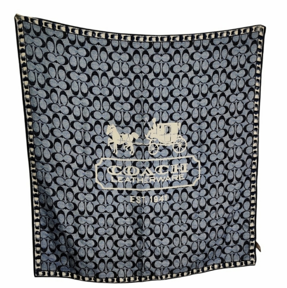 Coach Blue Horse and Carriage Logo 100% Silk 26" x 26.5" SCARF NWOT